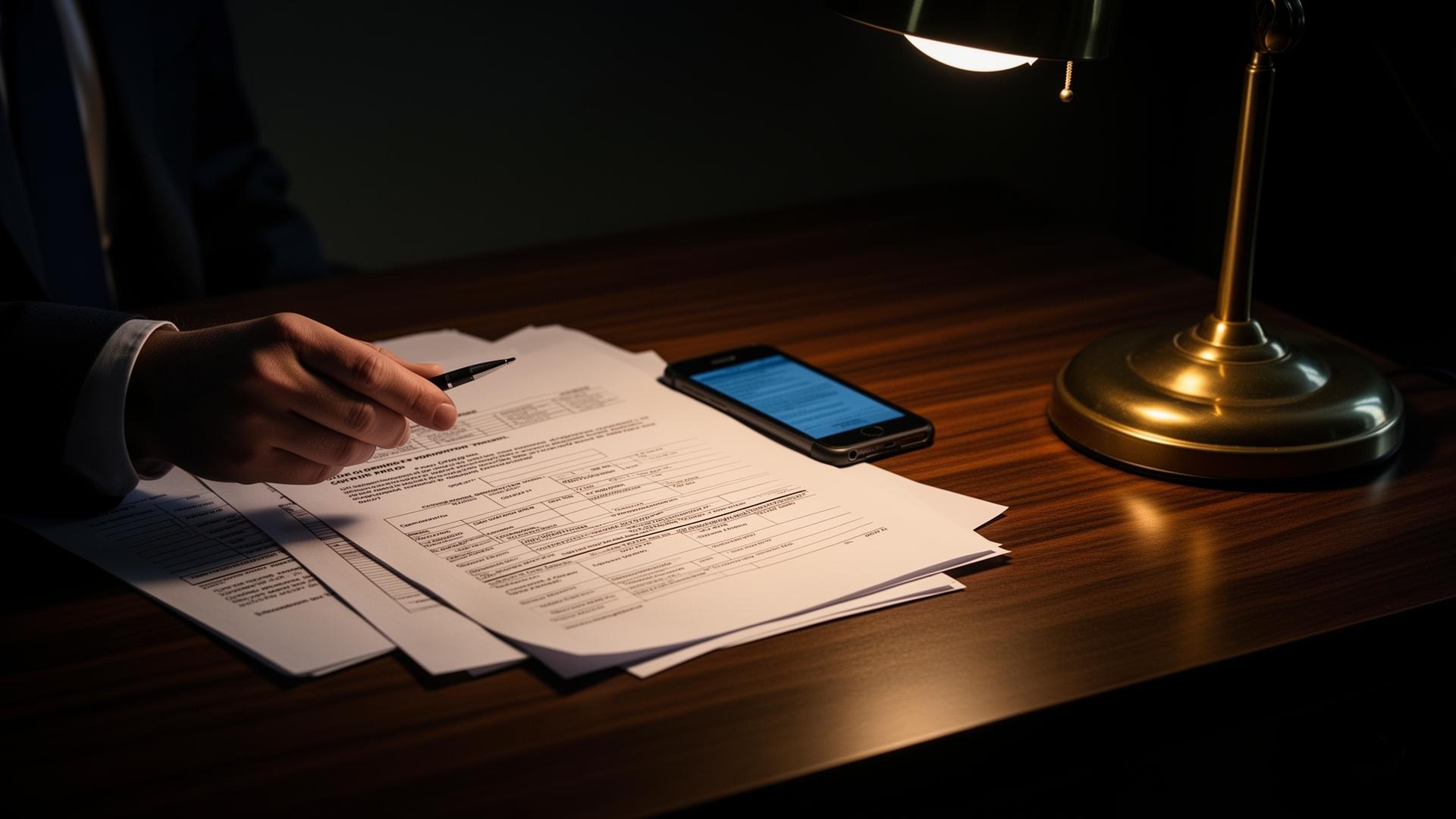 Investigator reviewing court documents and a mobile phone