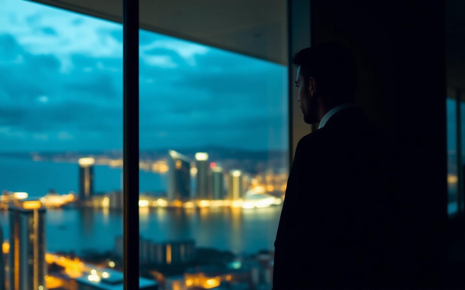Investigator overlooking Gold Coast skyline at dusk